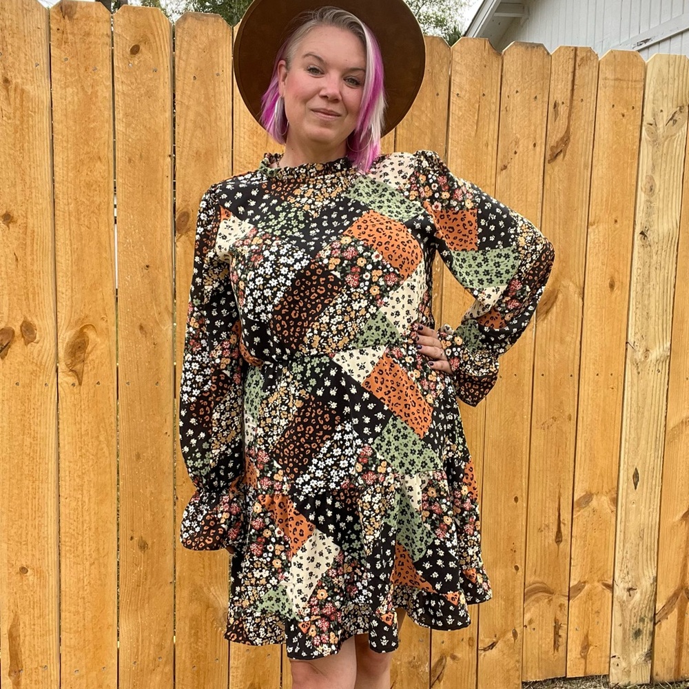 Haptics Black & Olive Patchwork Print Mock Neck D… - image 1